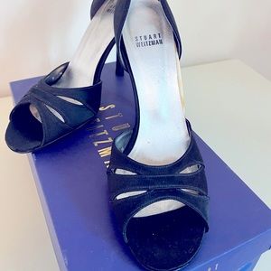 Stuart Weitzman Black Satin Peep Toe Heel
